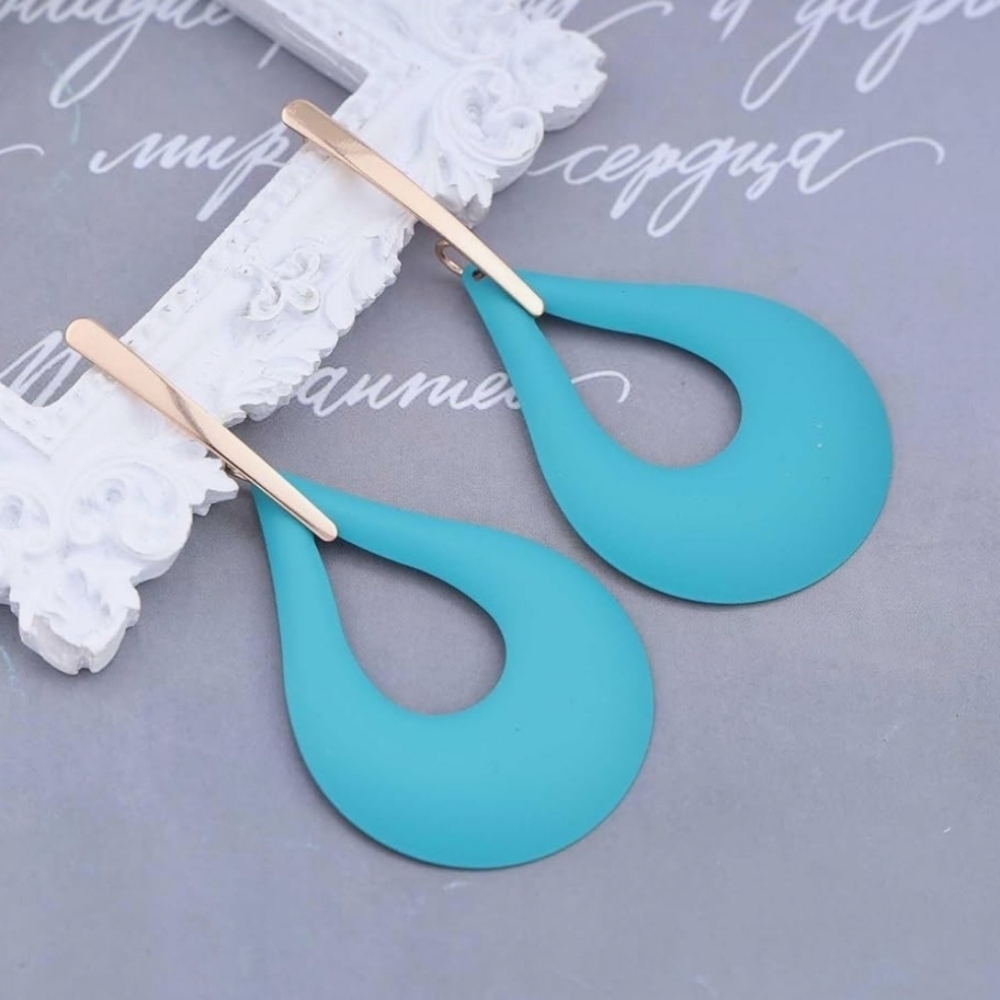 NWT Gold Bar 90s Inspired Cyan Blue Teardrop Large Gold Earrings - Picture 9 of 15